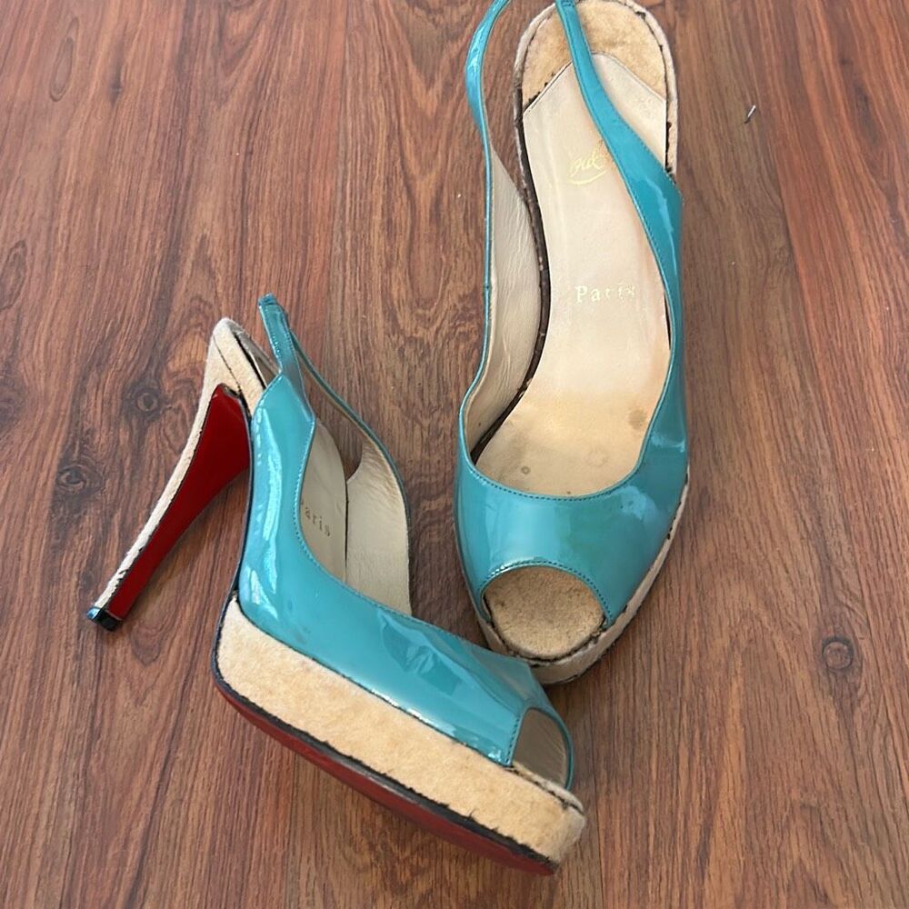 Christian Louboutin Style Teal Patent Peep-Toe Slingback Wedges